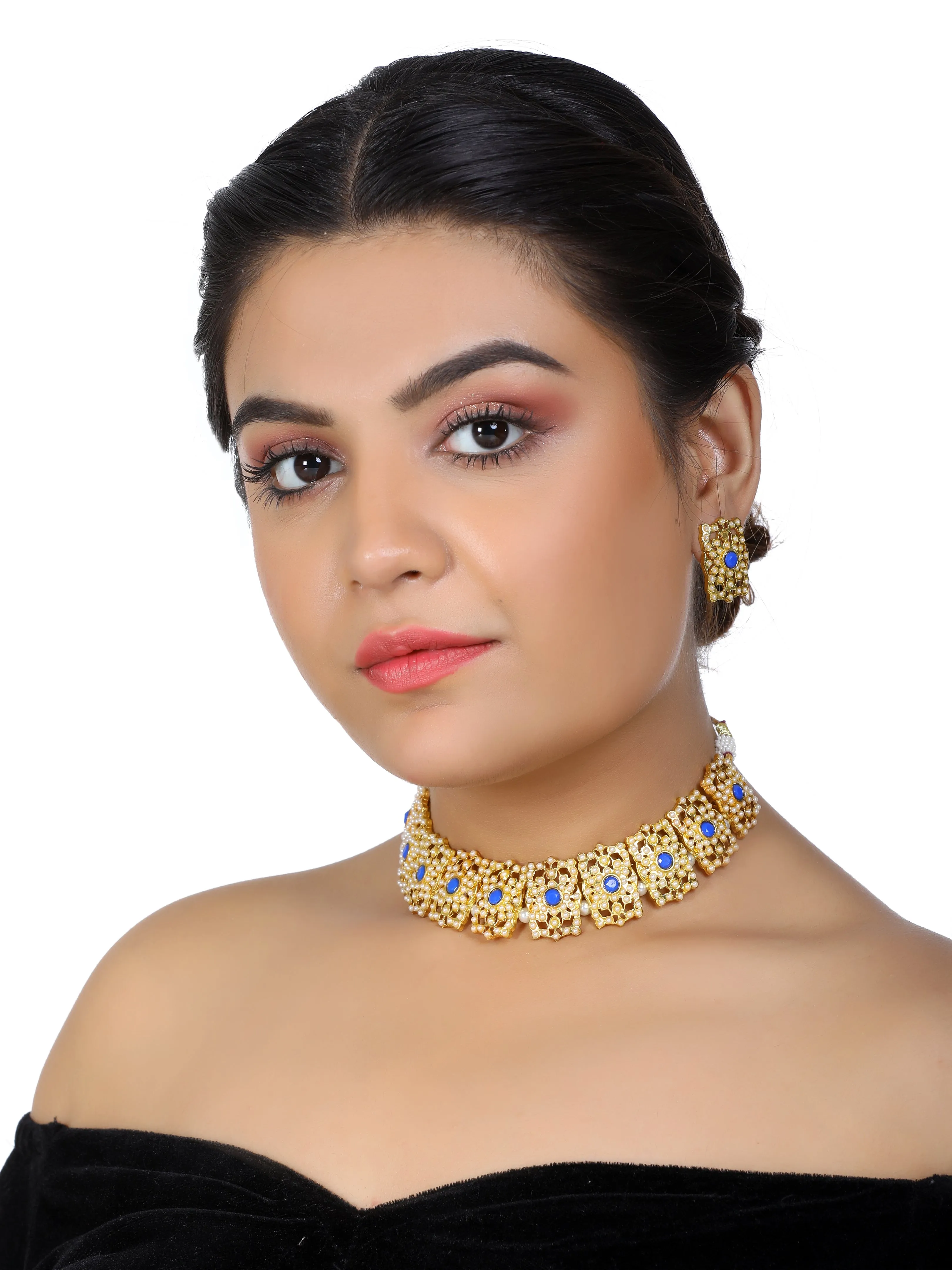Kundan Blue Jadau Embellished Choker Necklace Set with Earrings