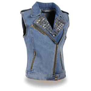 Ladies Zipper Front Black Denim Vest w/ Studded Spikes
