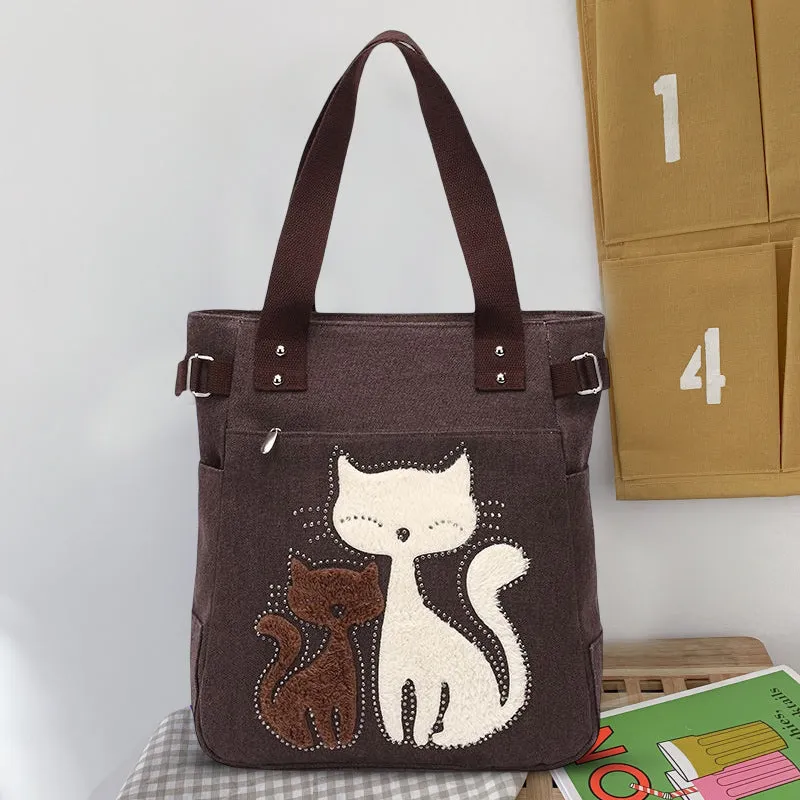 Large Capacity Cat Printing Canvas Shoulder Bag