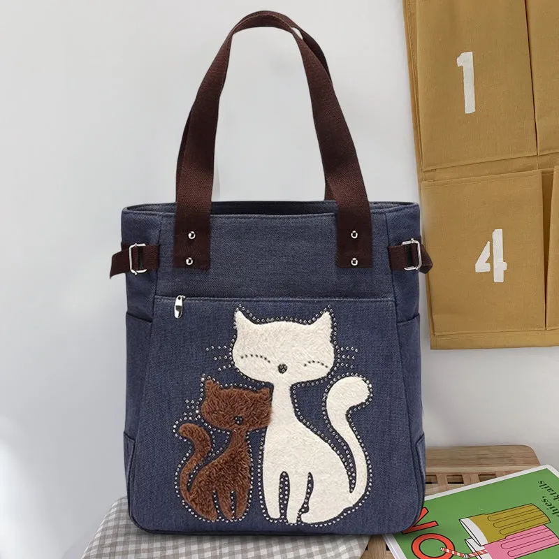 Large Capacity Cat Printing Canvas Shoulder Bag