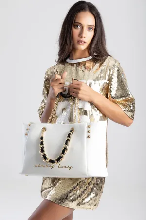 Large Shopper With Snap Button Closure Detail - White