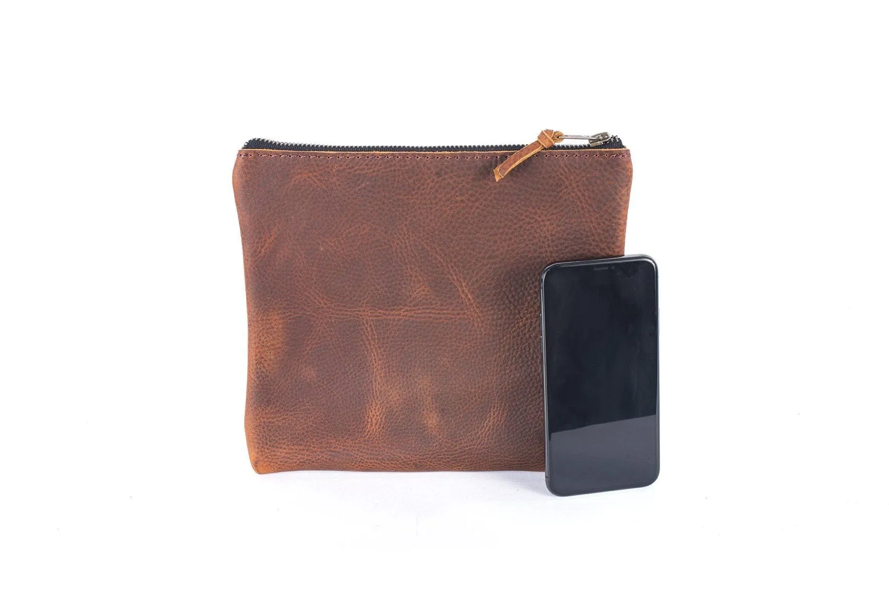 LEATHER TOP ZIPPER POUCH - INDIGO BISON