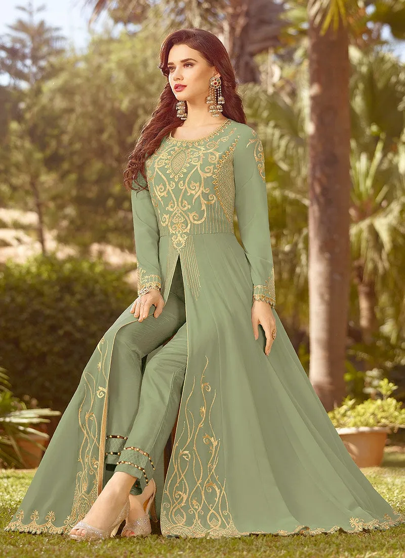 Light Green Golden Embroidered Slit Style Anarkali Suit
