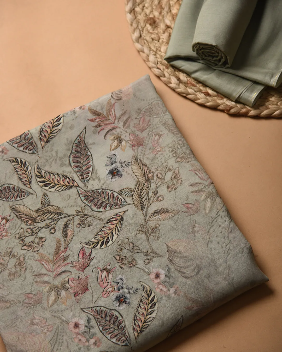 Light Green Muslin Silk Blend Printed Unstitched Co-ord Set Fabric With Muslin Bottom Fabric