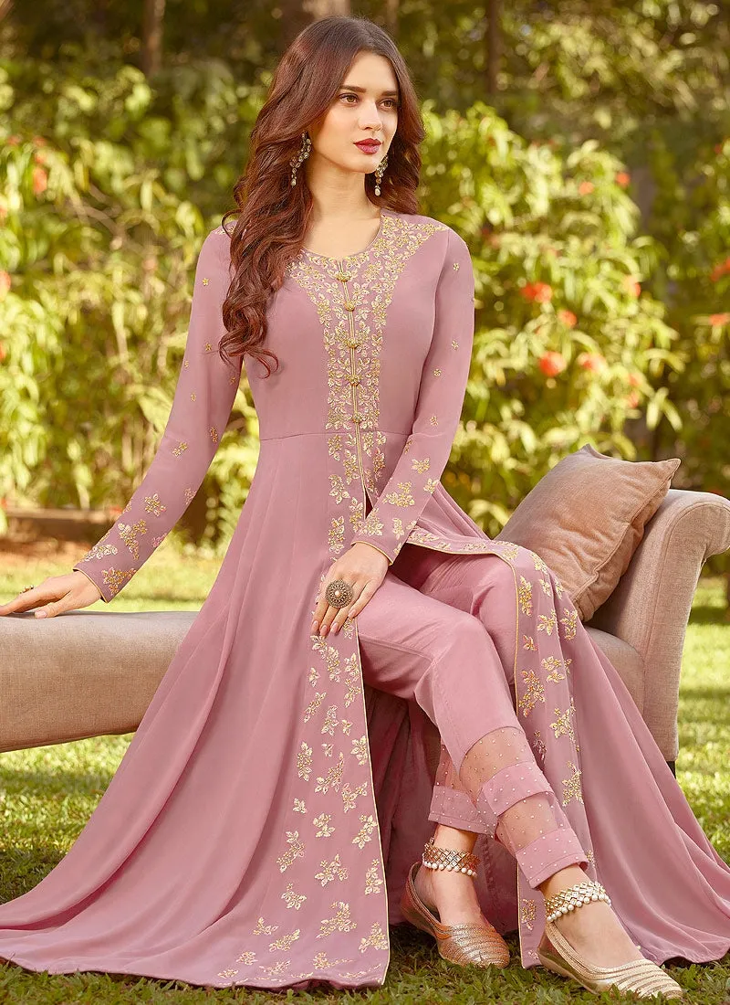 Light Pink Golden Embroidered Slit Style Anarkali Suit
