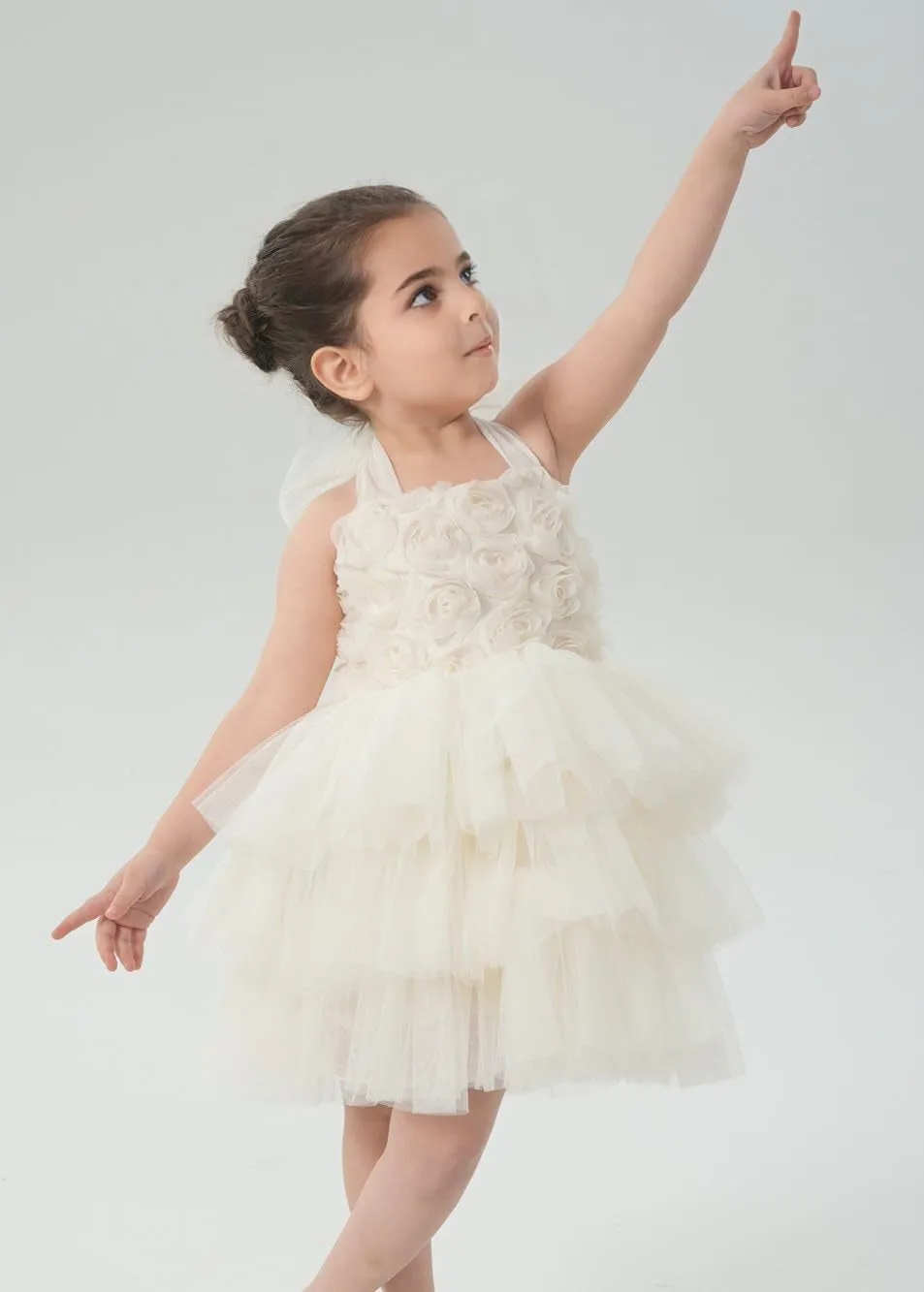 Lily Adjustable Strap Girl Dress in Ivory 3D Flower