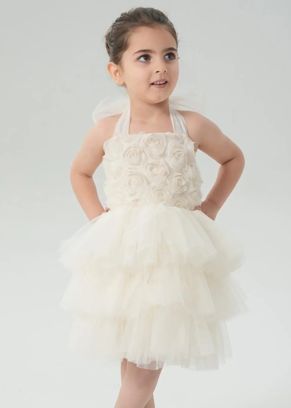 Lily Adjustable Strap Girl Dress in Ivory 3D Flower
