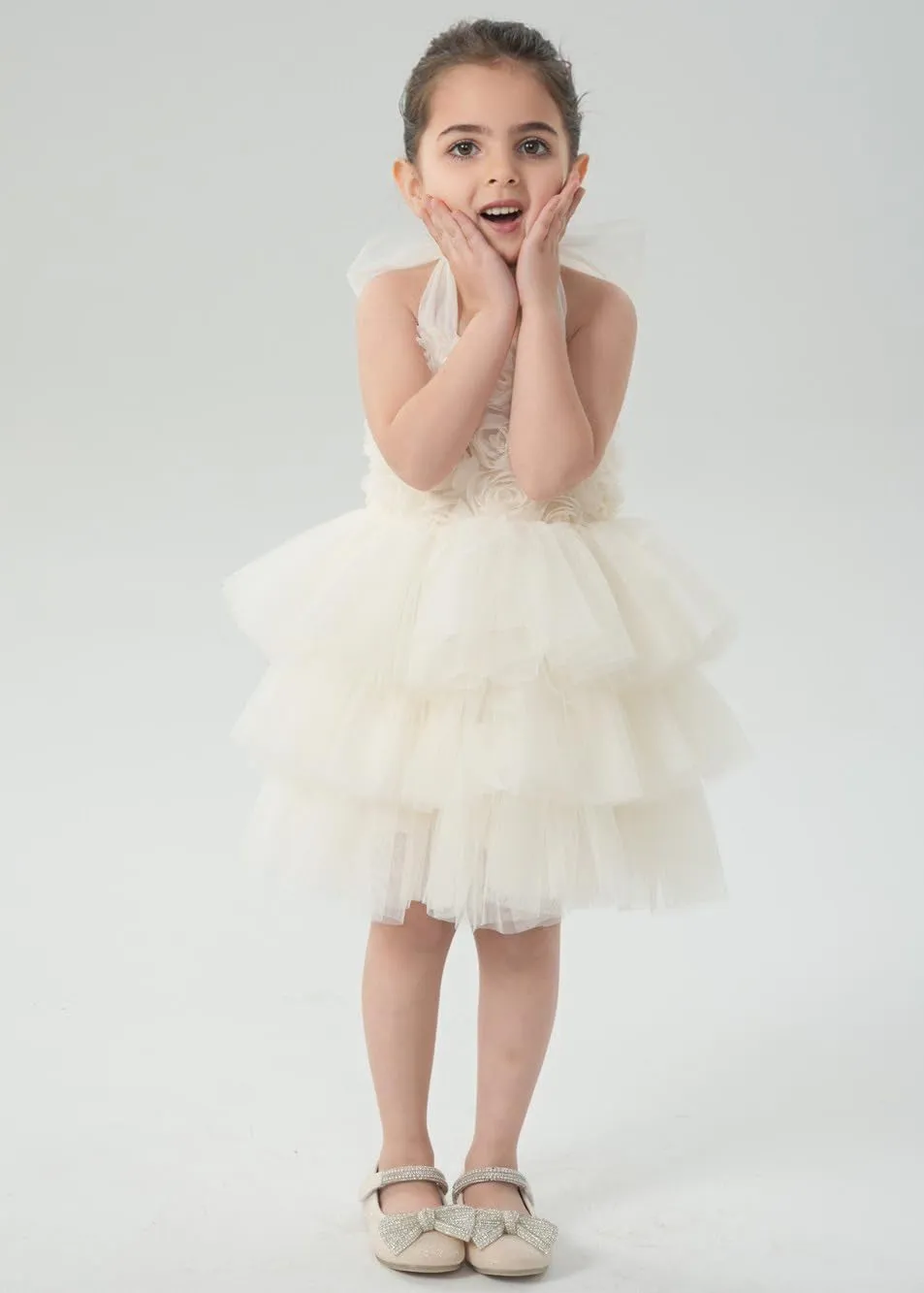 Lily Adjustable Strap Girl Dress in Ivory 3D Flower
