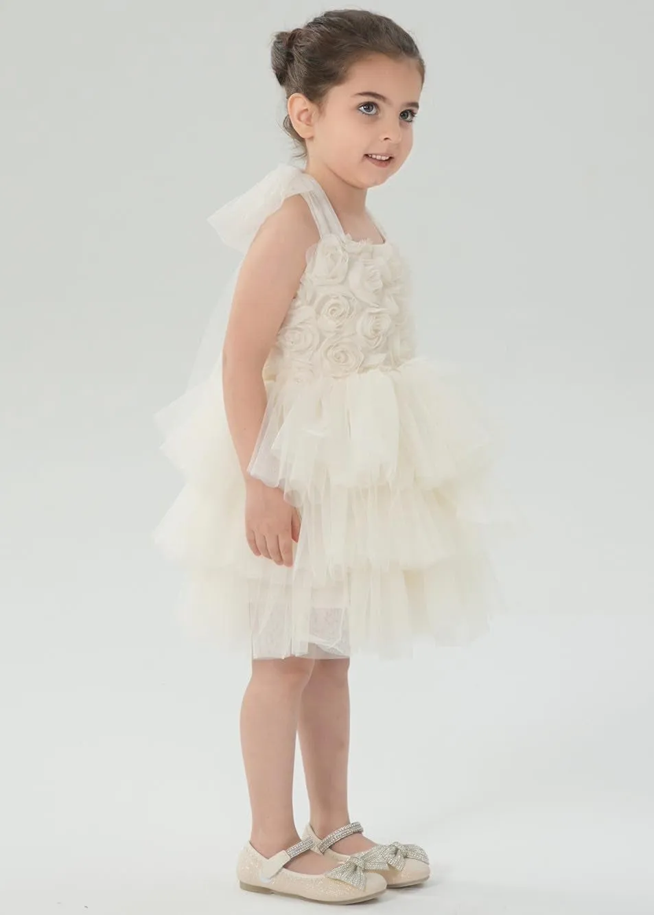 Lily Adjustable Strap Girl Dress in Ivory 3D Flower