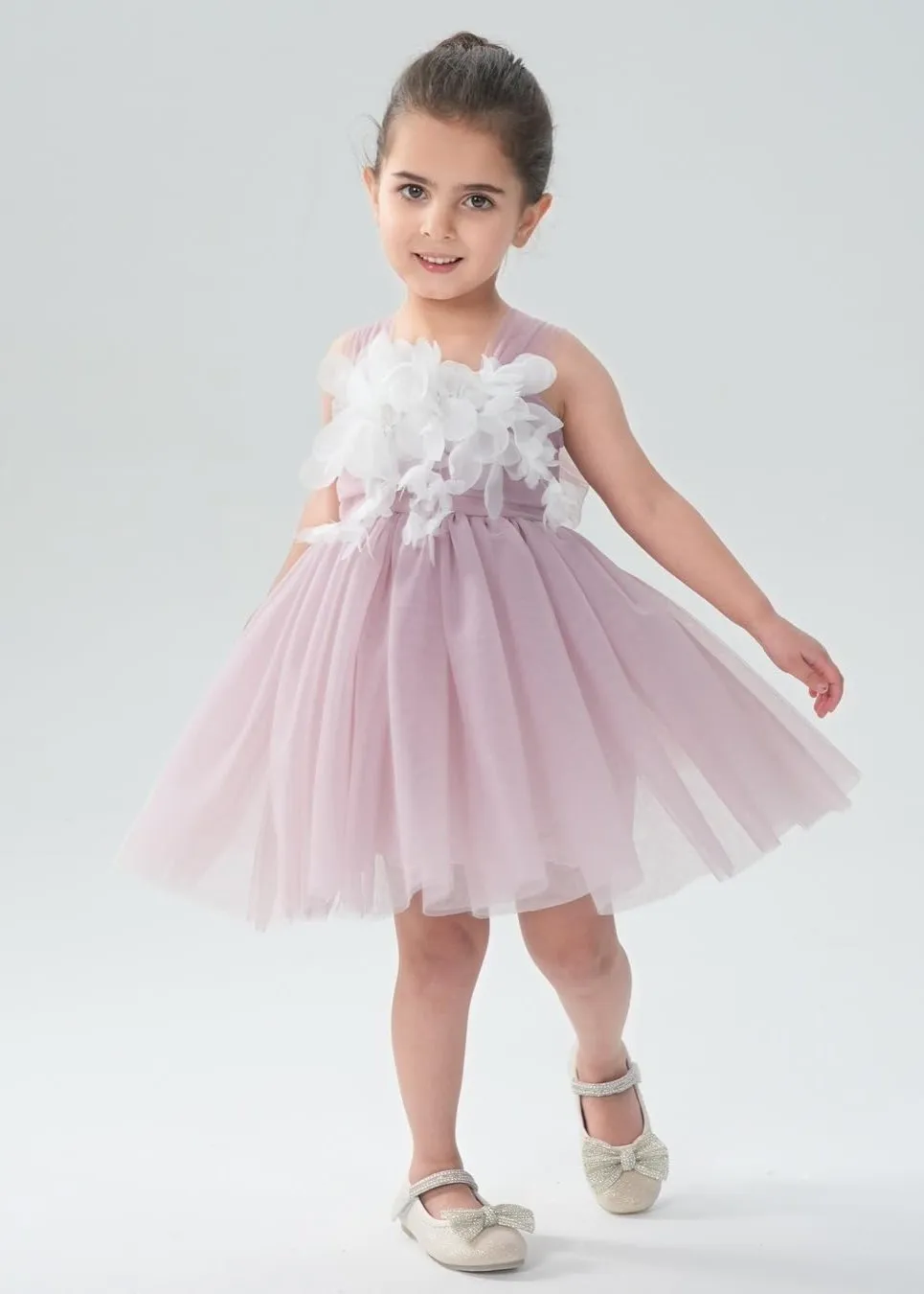Lily Adjustable Strap Girl Dress in Mauve 3D Flower Petal
