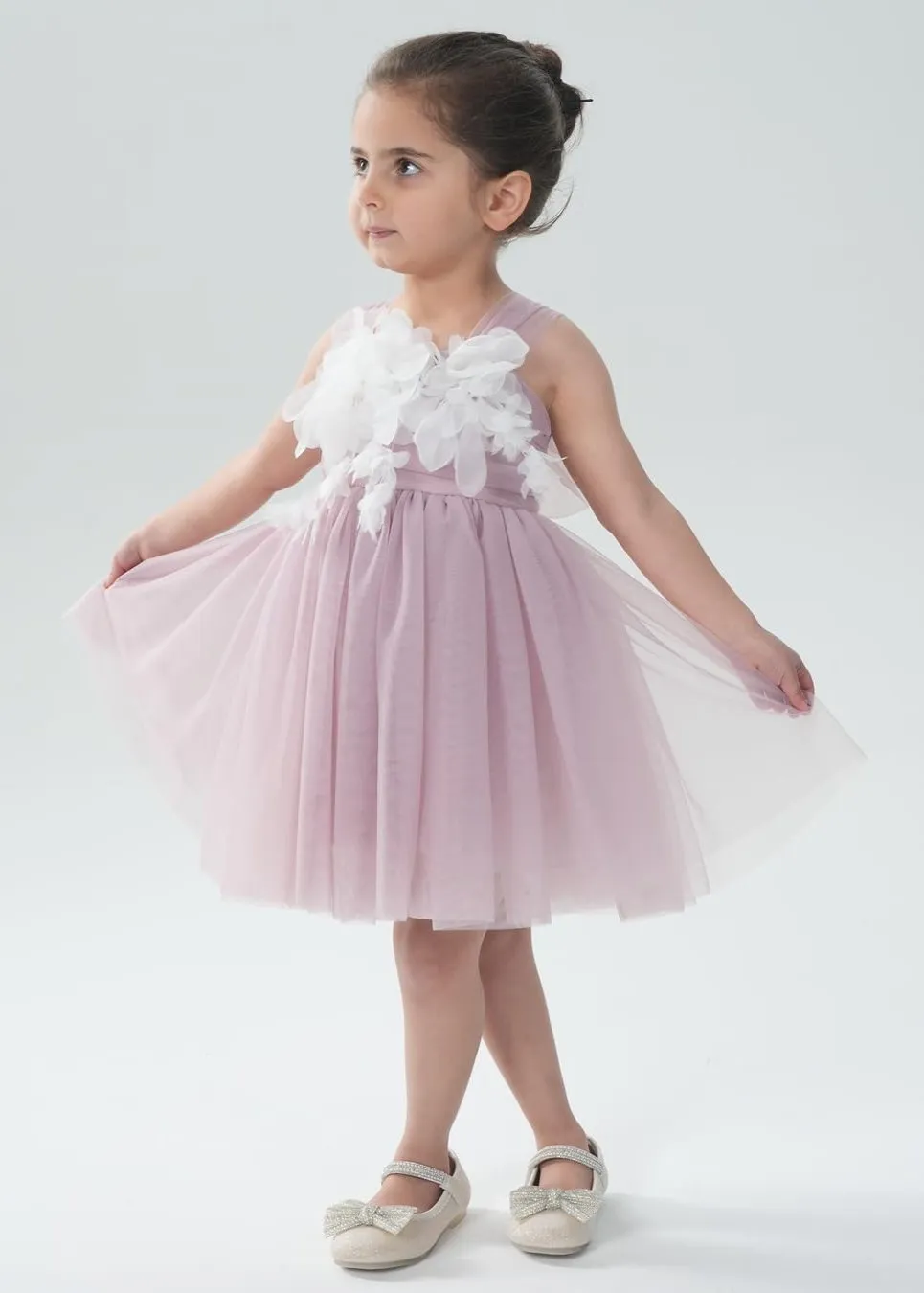 Lily Adjustable Strap Girl Dress in Mauve 3D Flower Petal