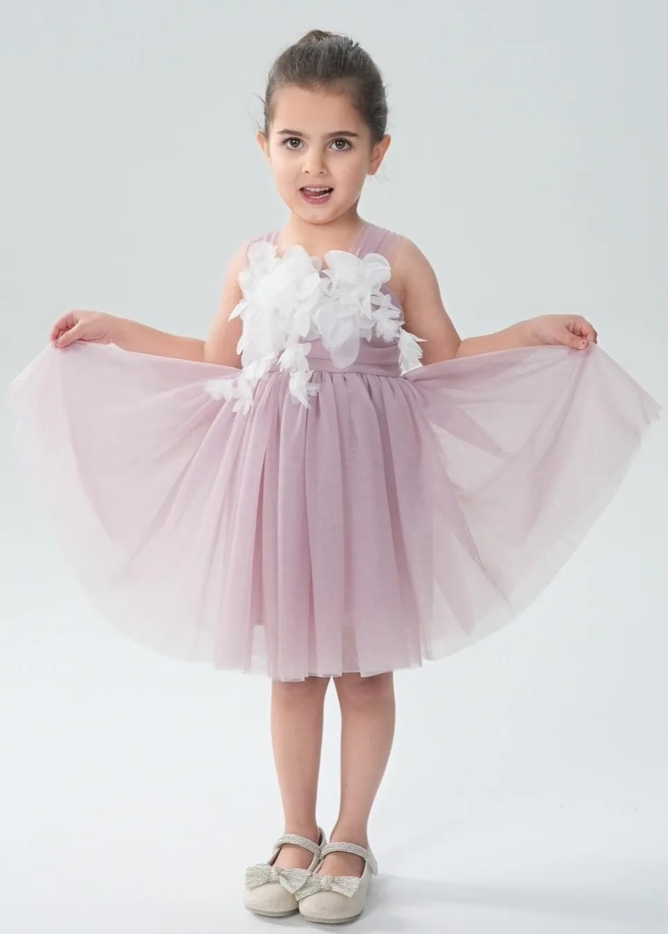 Lily Adjustable Strap Girl Dress in Mauve 3D Flower Petal
