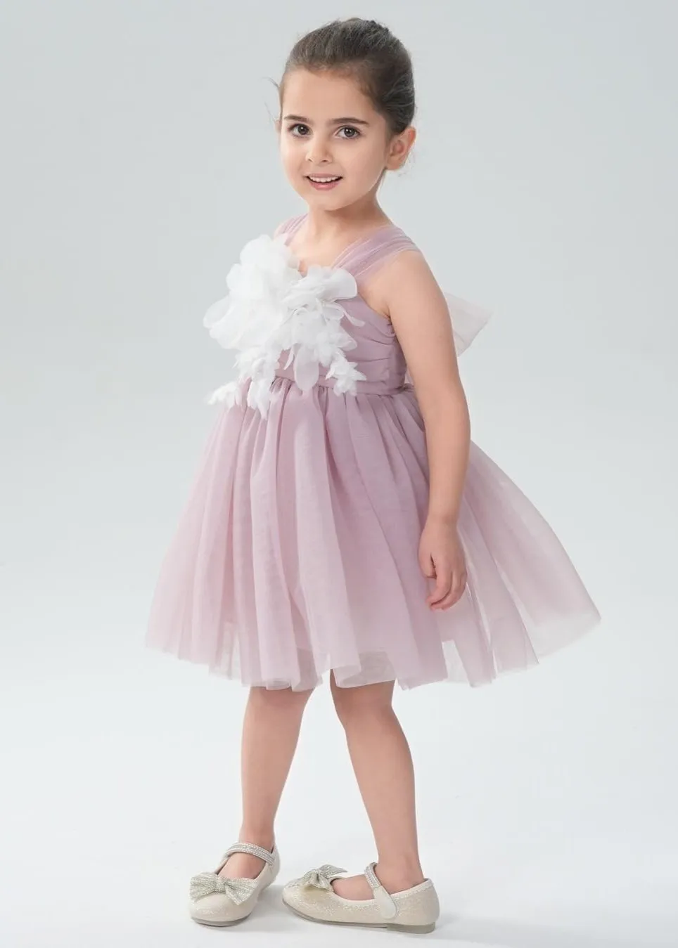 Lily Adjustable Strap Girl Dress in Mauve 3D Flower Petal
