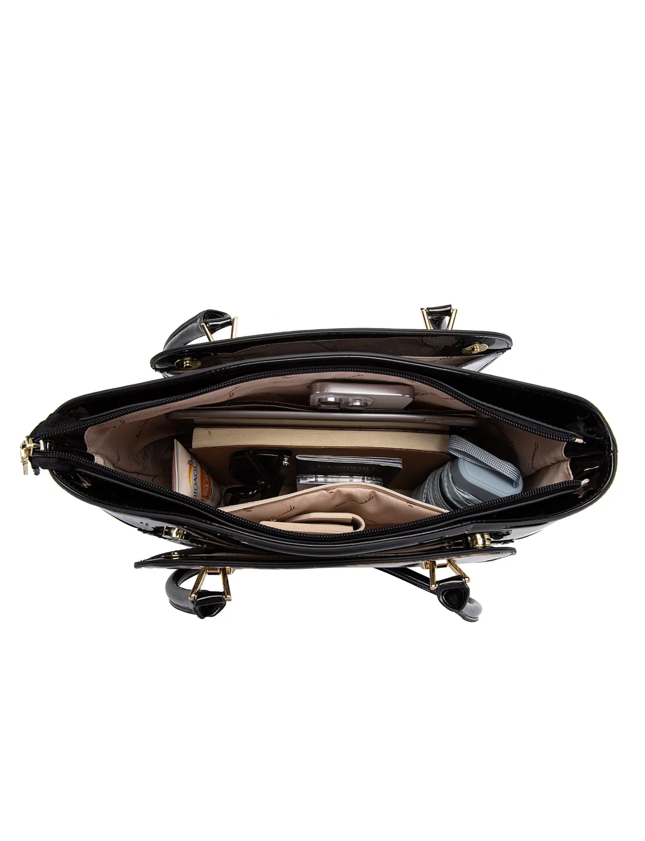 LYRA VEGAN PATENT BAG- XB-2413-GLD/BLK