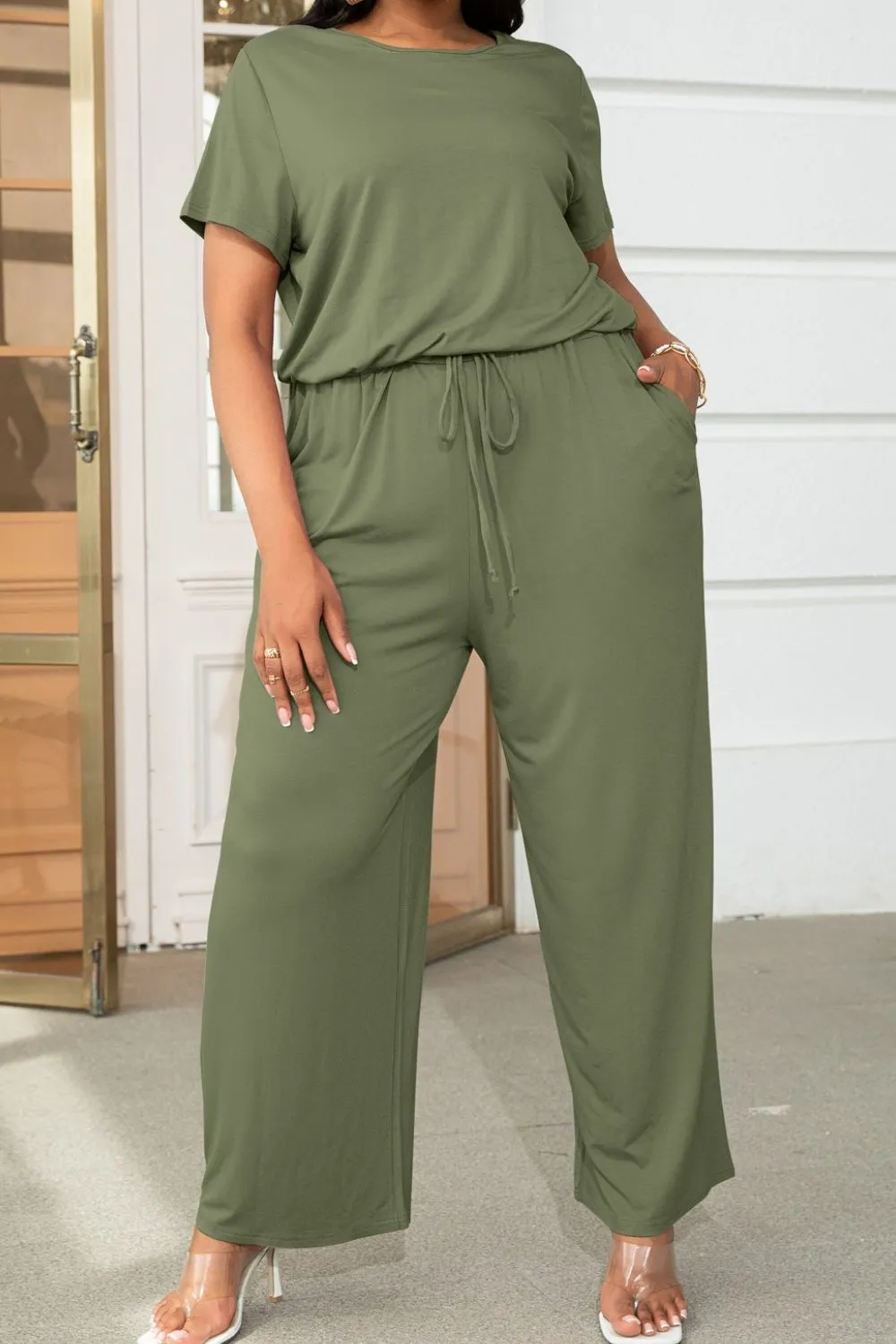 Lyrah Plus Size Drawstring Waist Short Sleeve Jumpsuit