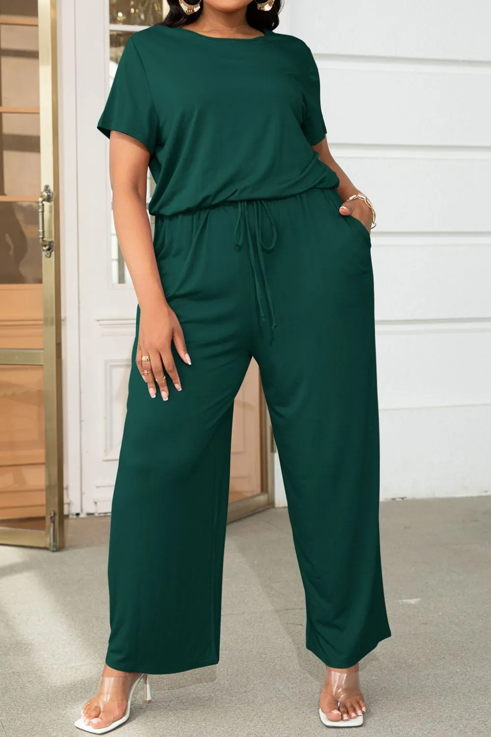 Lyrah Plus Size Drawstring Waist Short Sleeve Jumpsuit