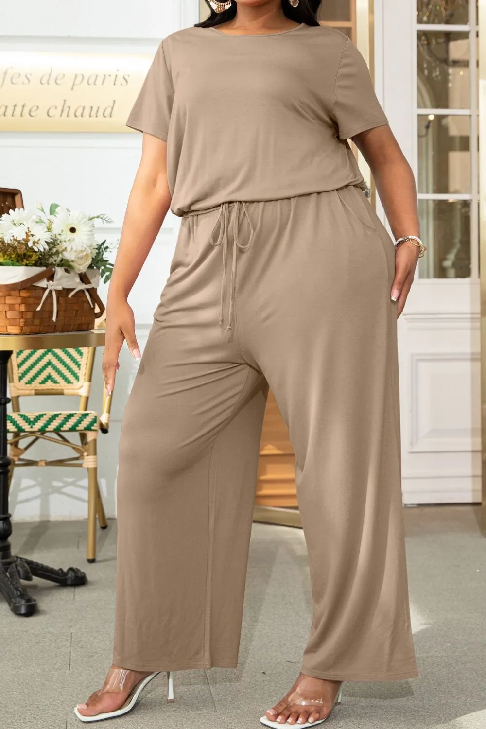Lyrah Plus Size Drawstring Waist Short Sleeve Jumpsuit