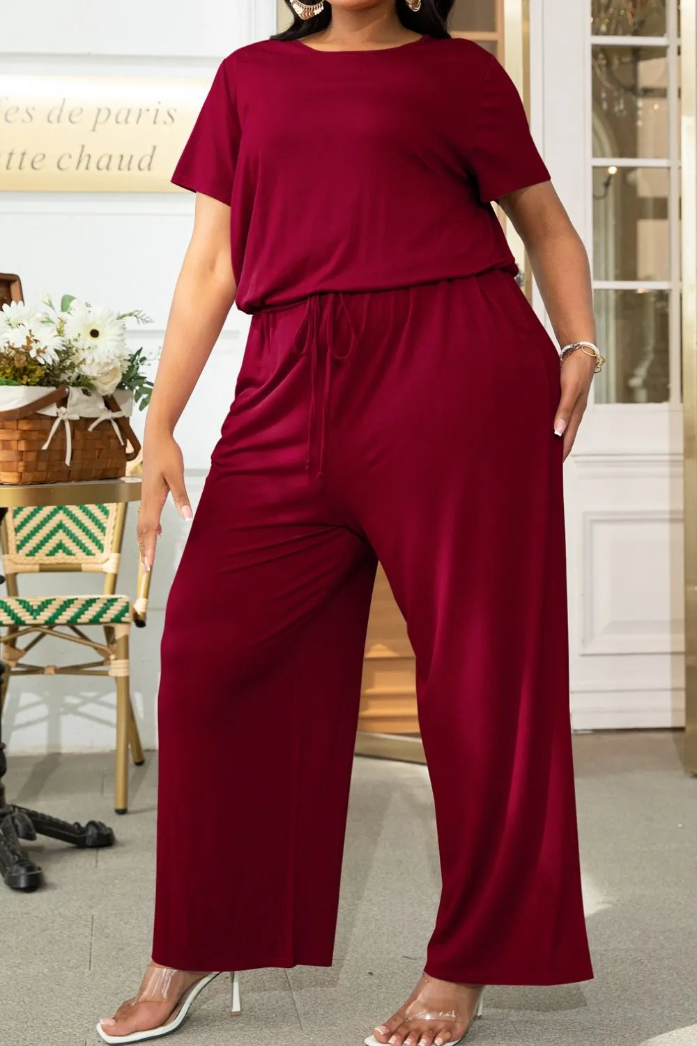 Lyrah Plus Size Drawstring Waist Short Sleeve Jumpsuit