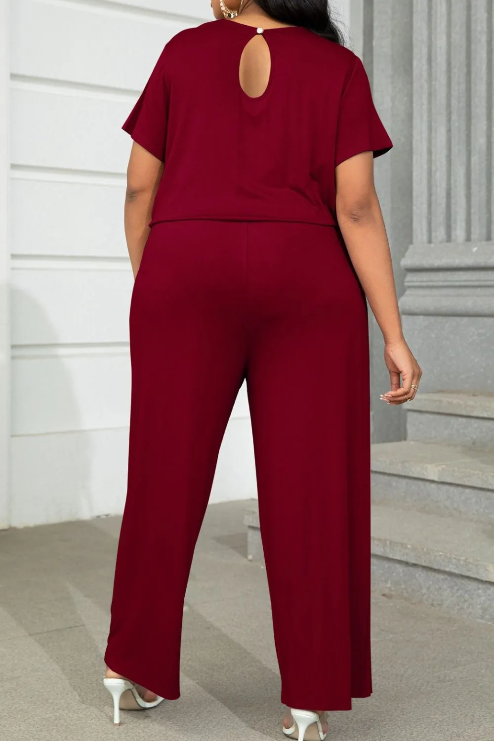Lyrah Plus Size Drawstring Waist Short Sleeve Jumpsuit