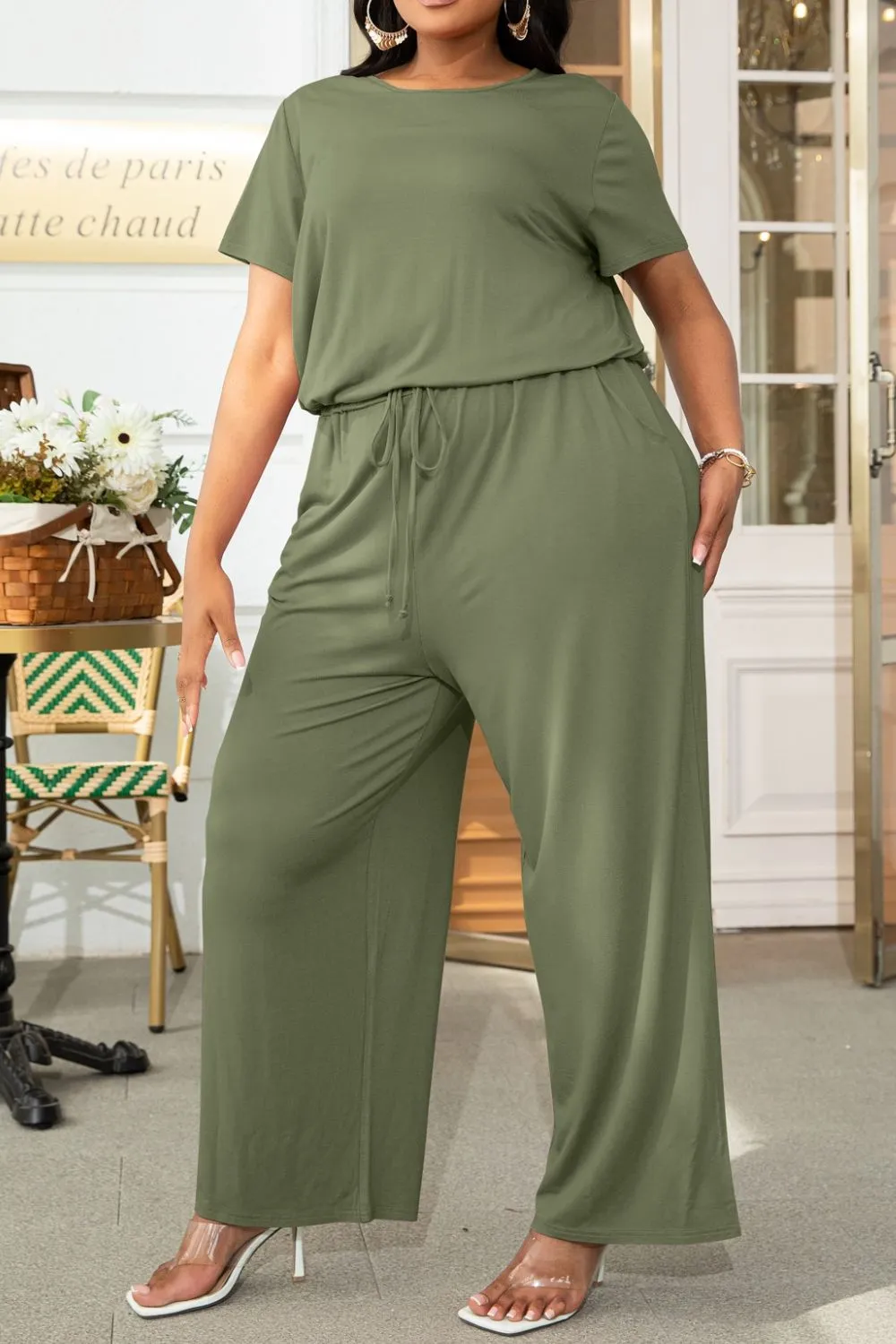 Lyrah Plus Size Drawstring Waist Short Sleeve Jumpsuit