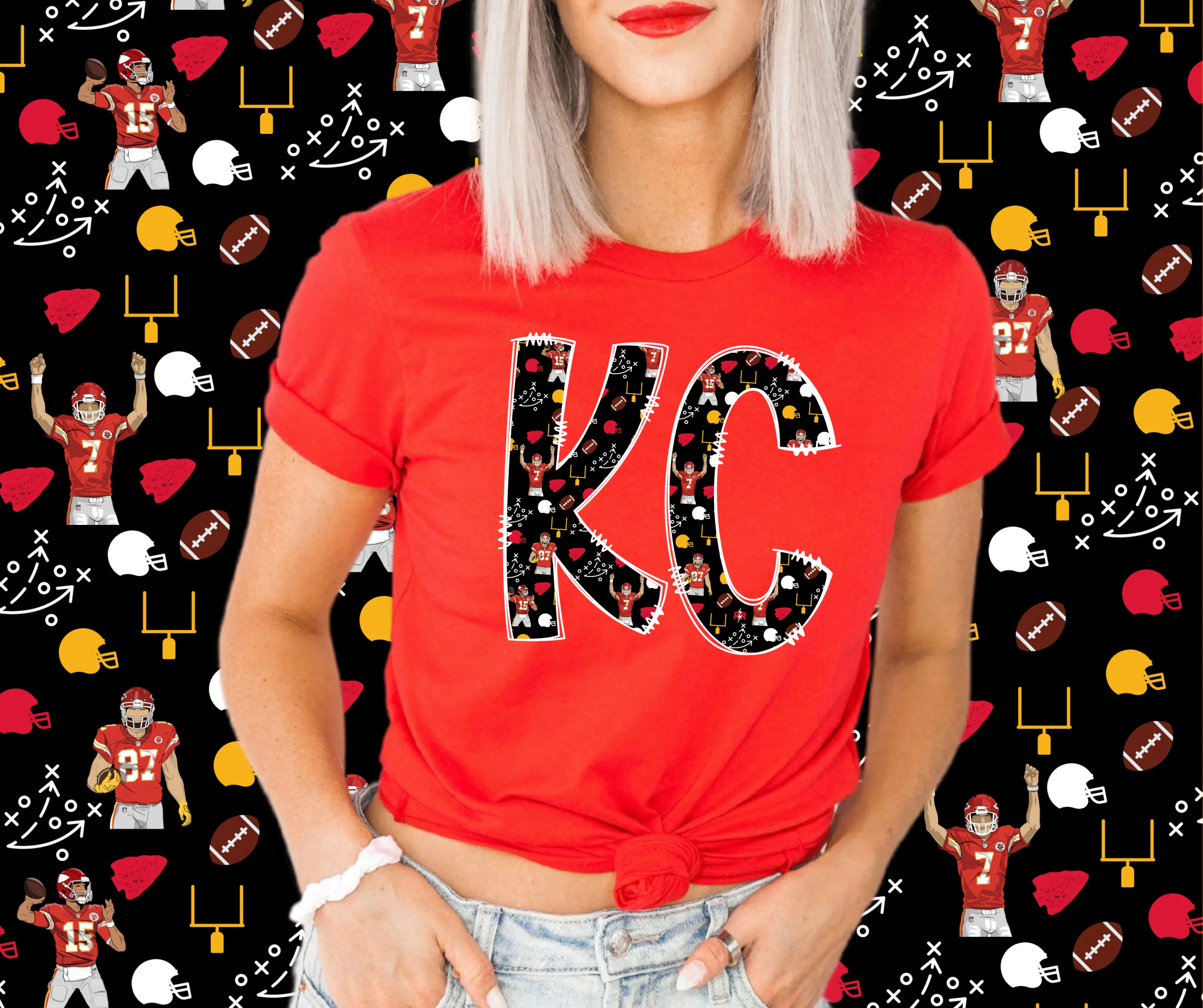 Mahomes, Kelce, Butker Pattern Doodle KC Letters Red Graphic TShirt