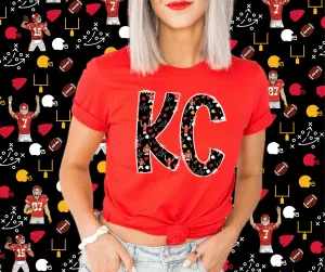 Mahomes, Kelce, Butker Pattern Doodle KC Letters Red Graphic TShirt