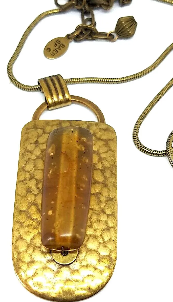 Marjorie Baer SF SIGNED Modernist 1970s Brass Resin Bead Pendant Necklace
