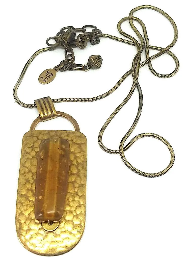 Marjorie Baer SF SIGNED Modernist 1970s Brass Resin Bead Pendant Necklace