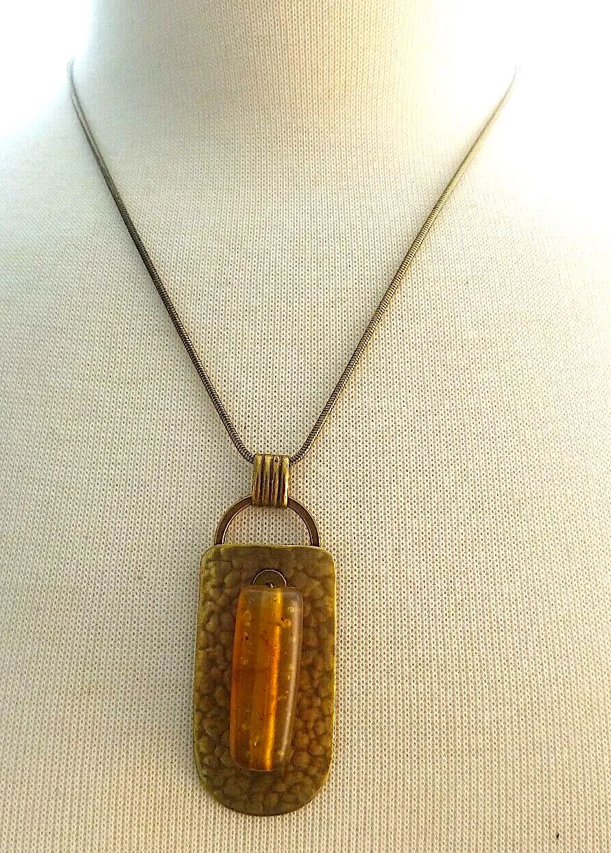 Marjorie Baer SF SIGNED Modernist 1970s Brass Resin Bead Pendant Necklace