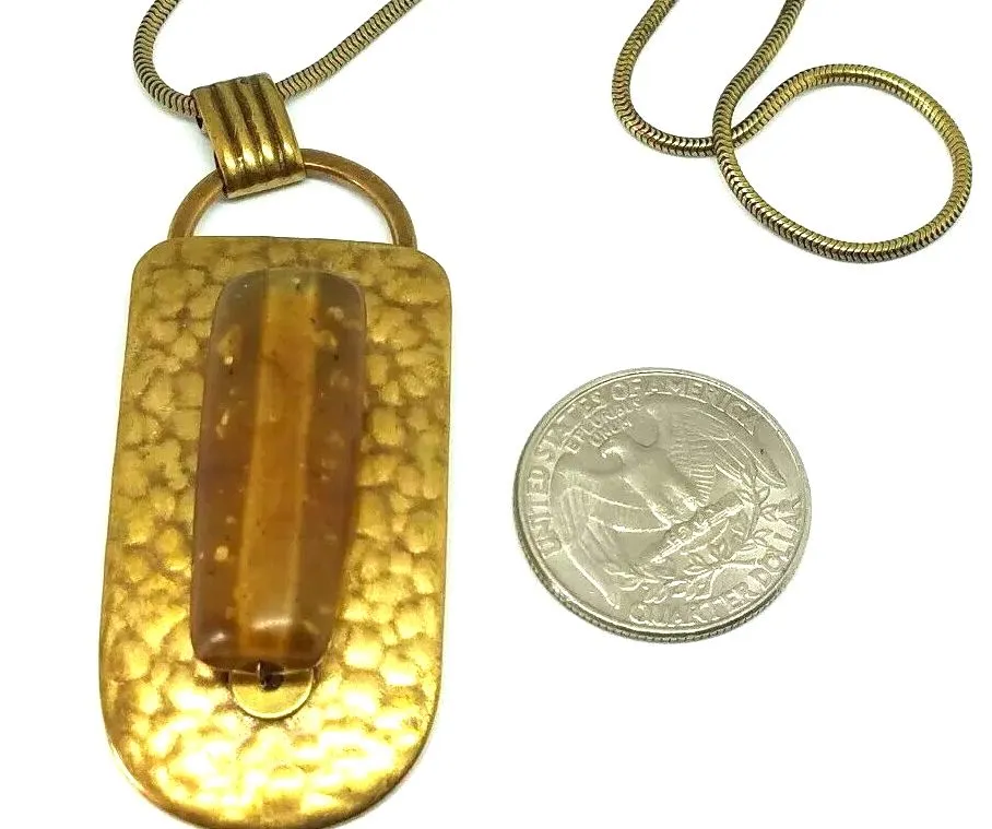 Marjorie Baer SF SIGNED Modernist 1970s Brass Resin Bead Pendant Necklace