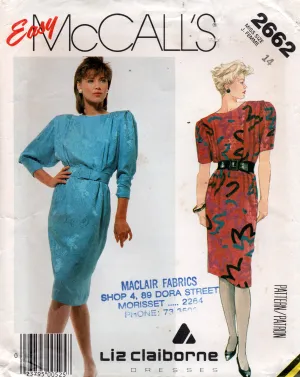 McCall's 2662 LIZ CLAIBORNE Womens Pleated Shoulder Power Dress 1980s Vintage Sewing Pattern Size 14 Bust 36 inches