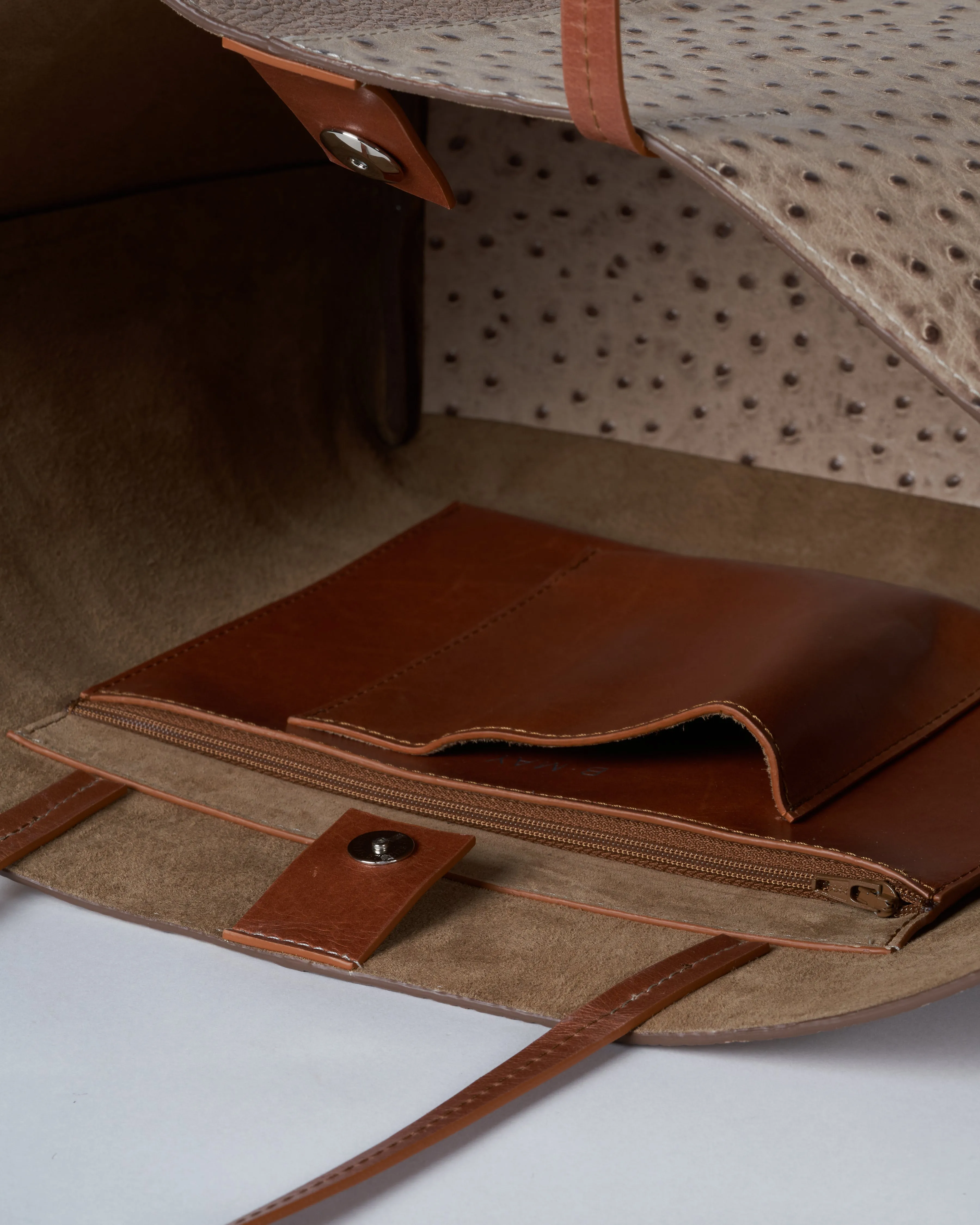 medium essential bag - 2 tone sandstone suede/ ostrich