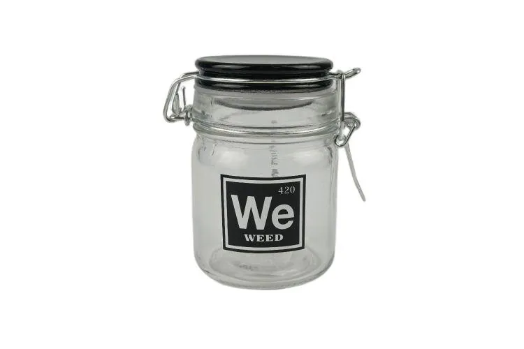 Medium Glass Stash Jar With Air Tight Closure Clamp - Various Designs - (1 Count)