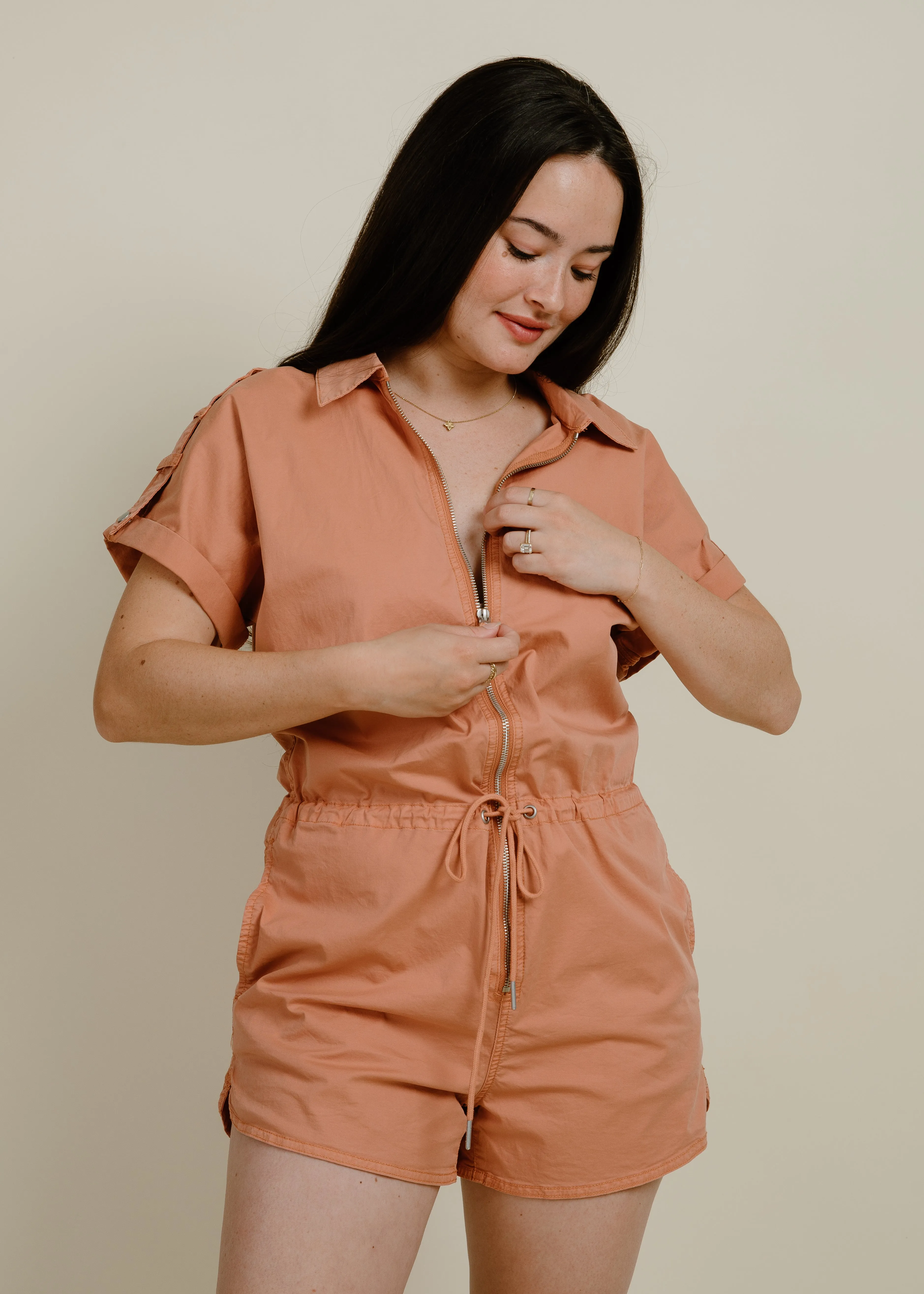 Meg Zip Front Romper - Turmeric
