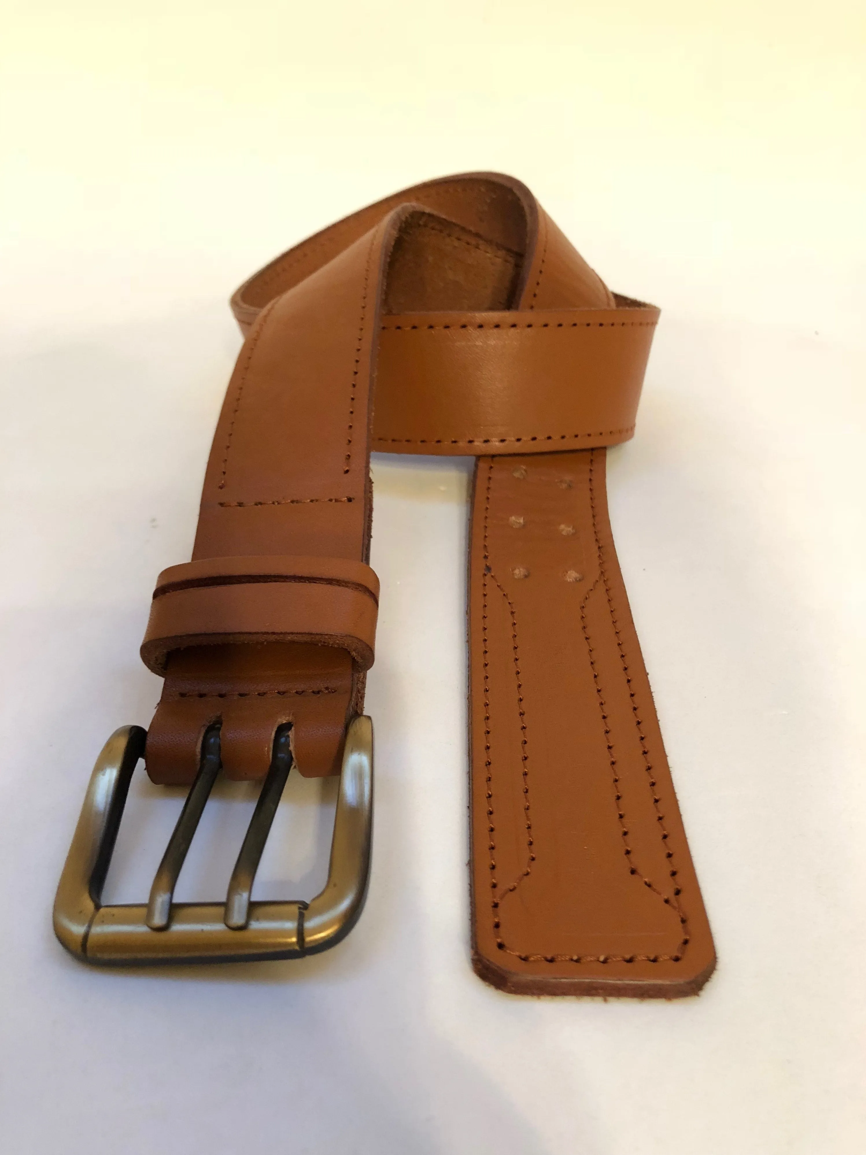 Men's Tan Leather Belt With 2 Prongs Gold Brass Buckle 30A2