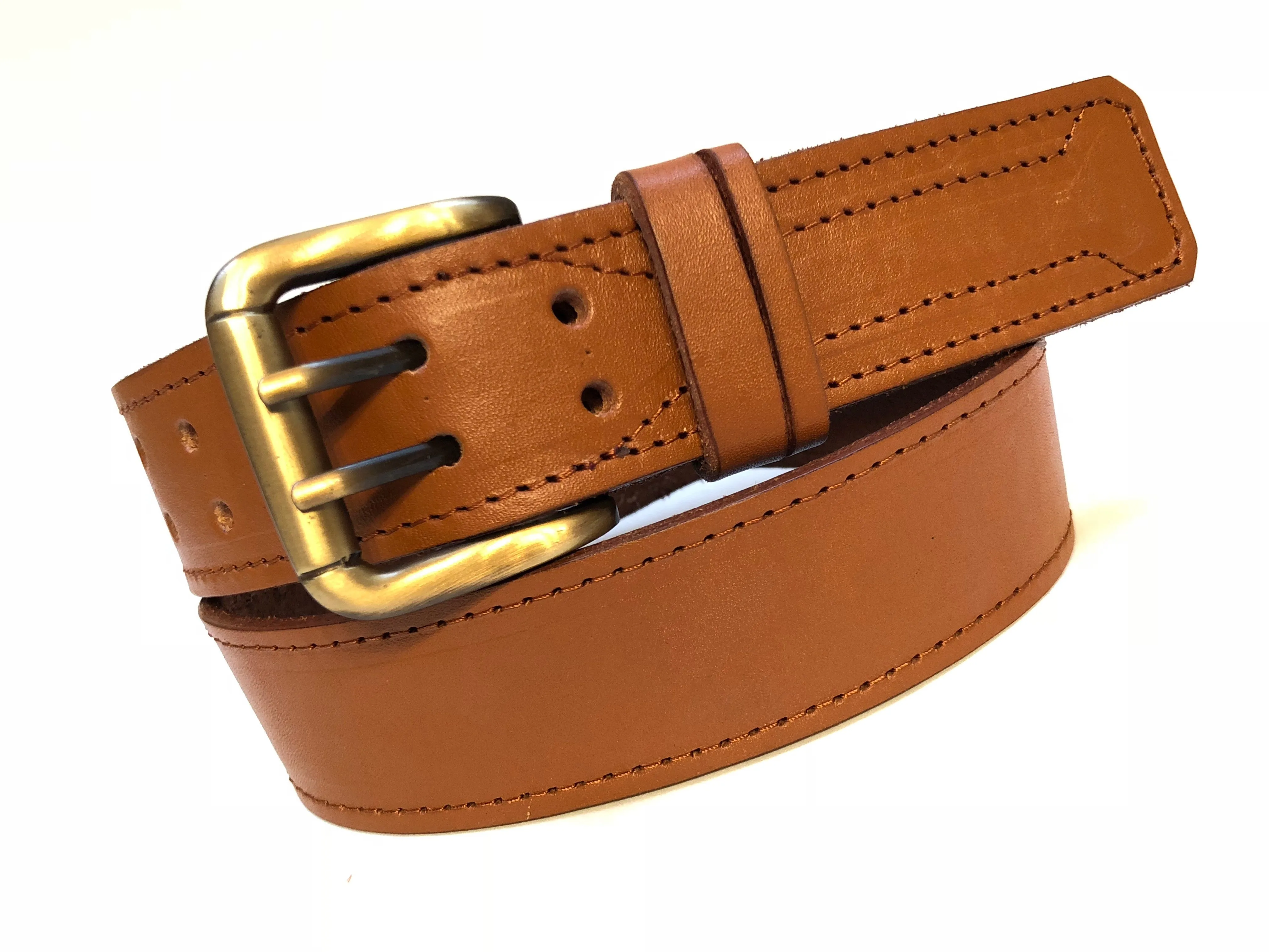Men's Tan Leather Belt With 2 Prongs Gold Brass Buckle 30A2