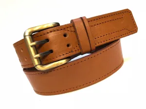 Men's Tan Leather Belt With 2 Prongs Gold Brass Buckle 30A2