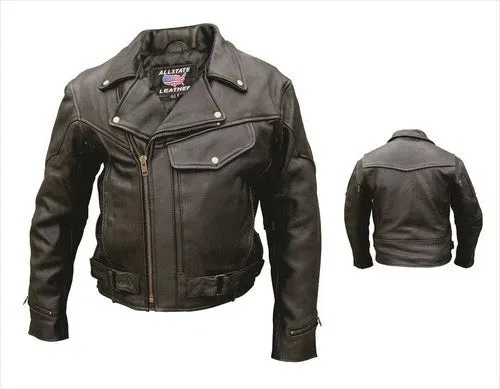 Mens Vented Leather Motorcycle Jacket with Hook and Loop Side Straps