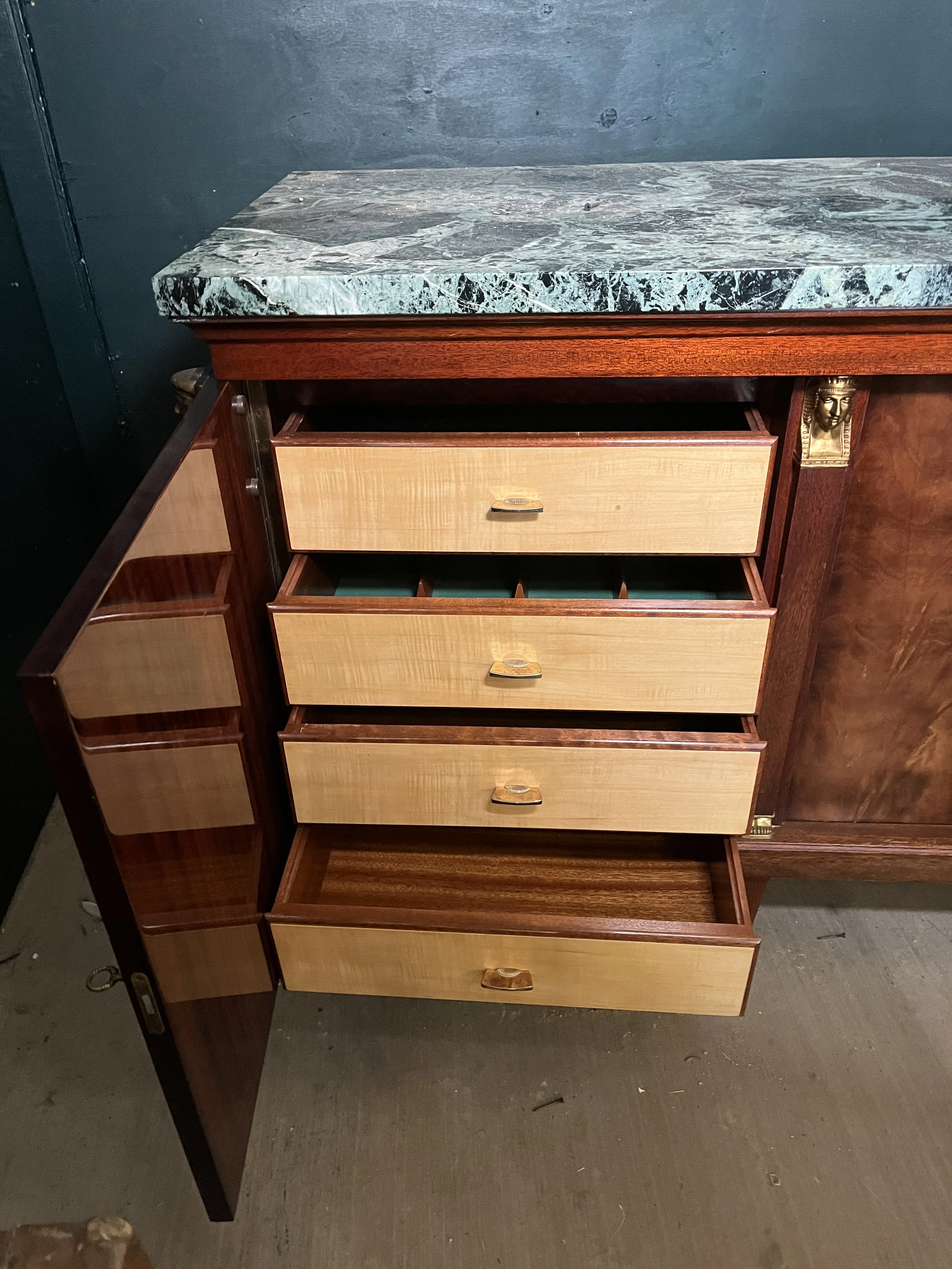Midcentury French Empire Style Enfilade Cabinet / Buffet With Marble Top & Brass Accents