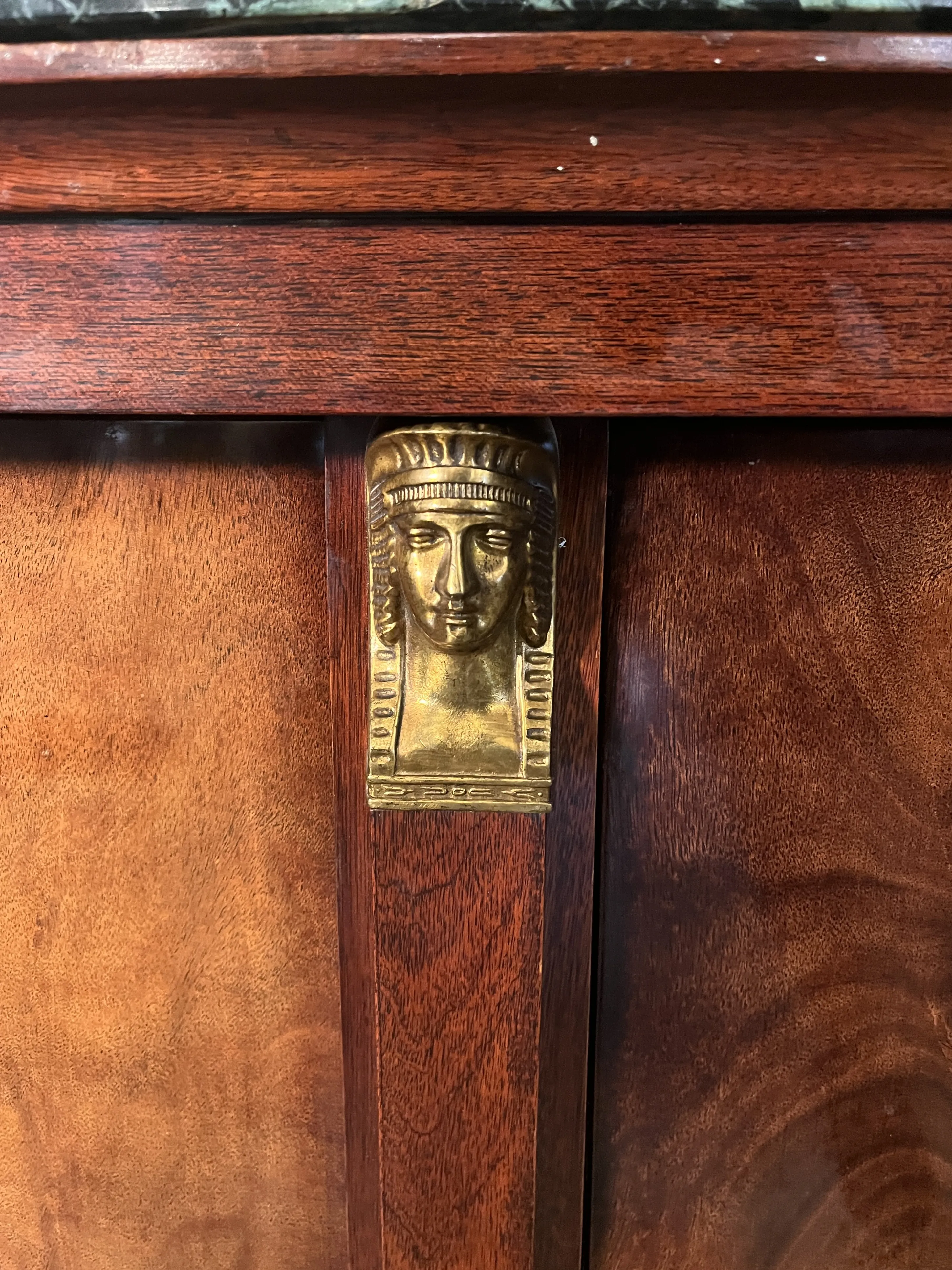 Midcentury French Empire Style Enfilade Cabinet / Buffet With Marble Top & Brass Accents