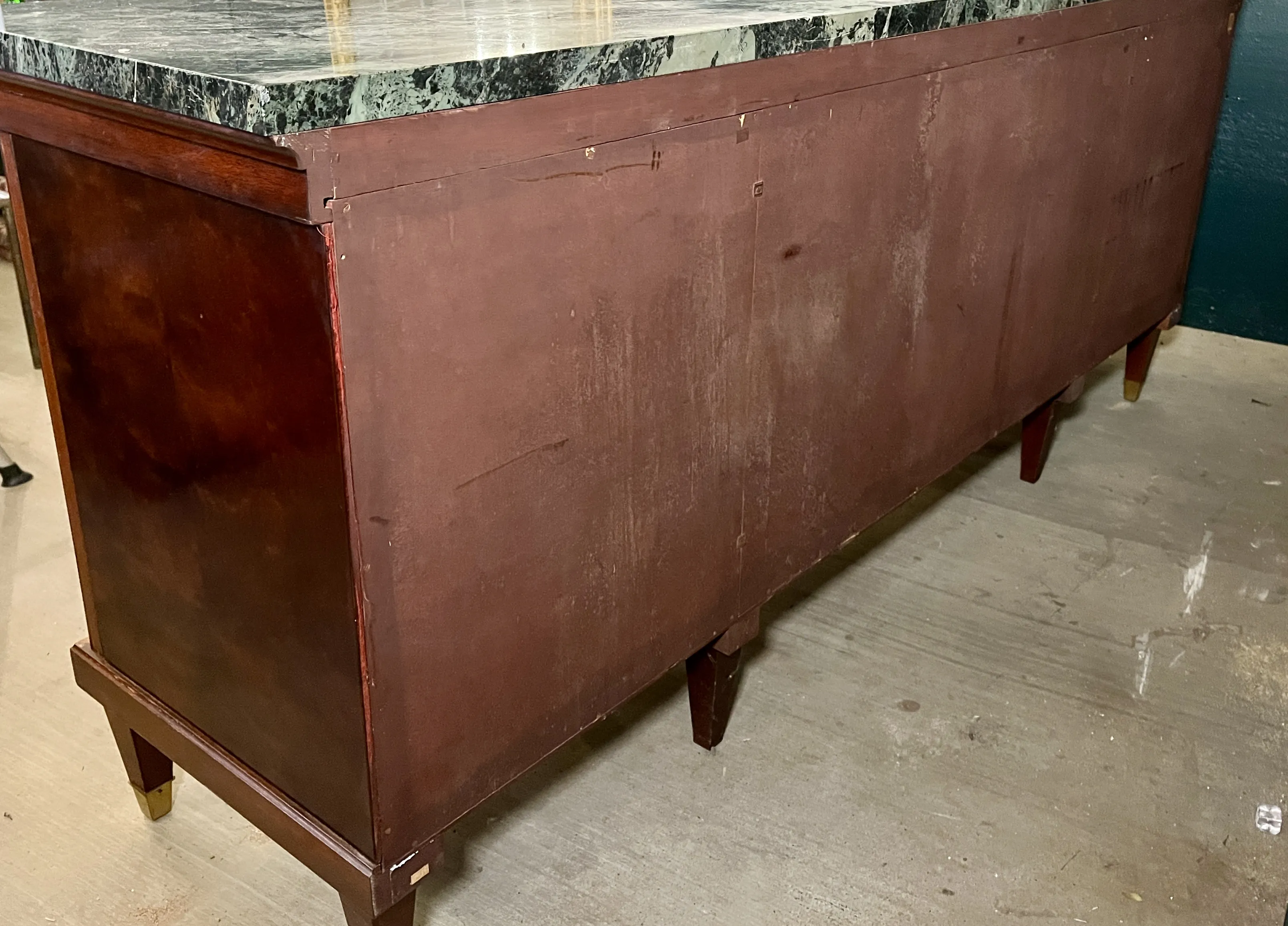 Midcentury French Empire Style Enfilade Cabinet / Buffet With Marble Top & Brass Accents