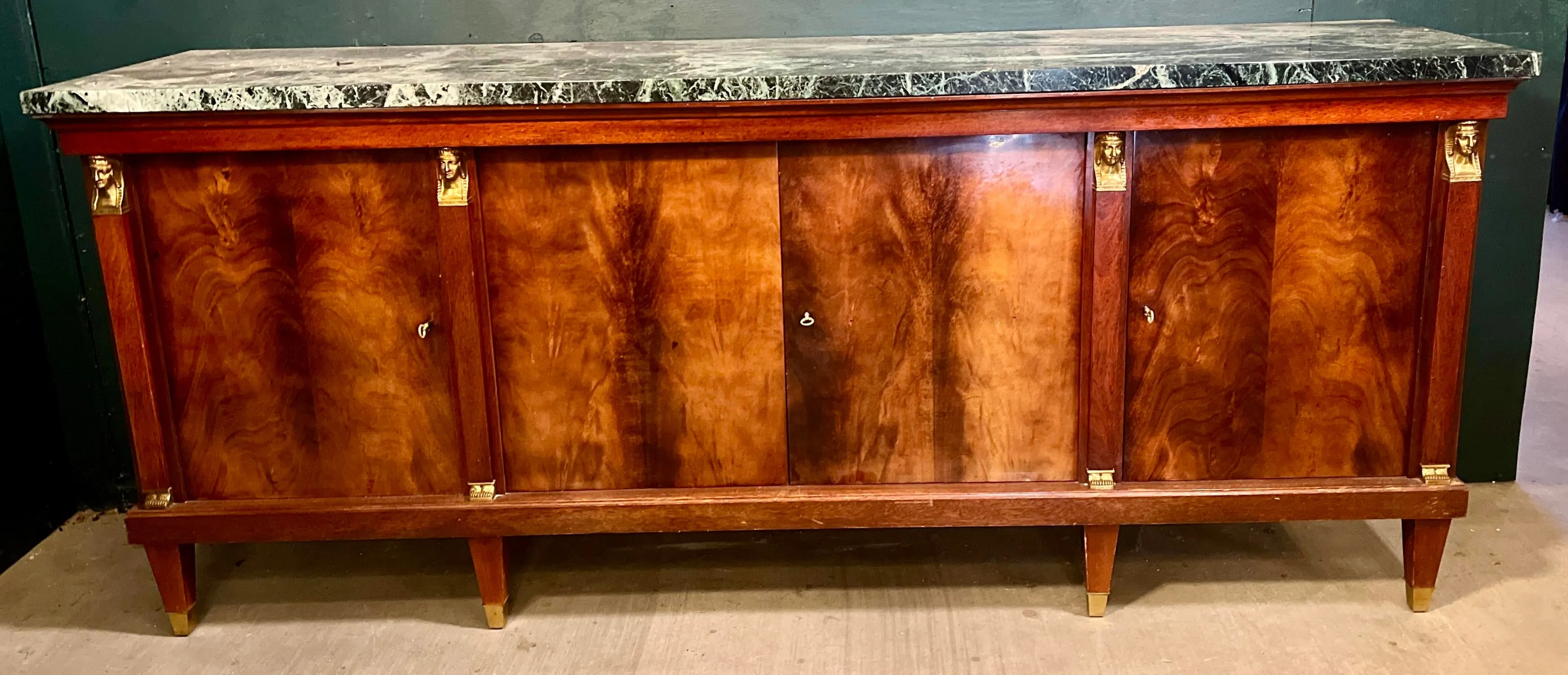 Midcentury French Empire Style Enfilade Cabinet / Buffet With Marble Top & Brass Accents