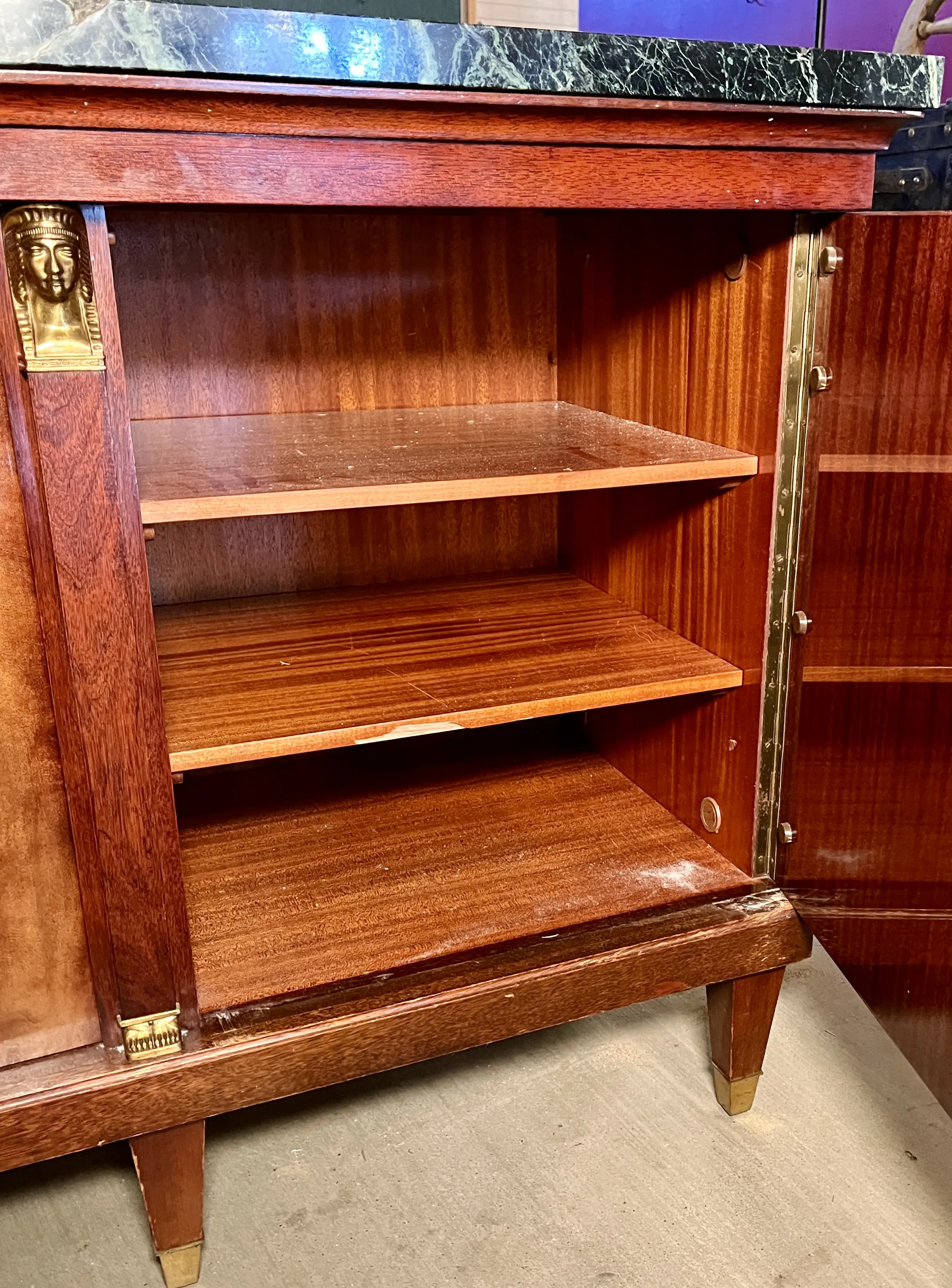 Midcentury French Empire Style Enfilade Cabinet / Buffet With Marble Top & Brass Accents