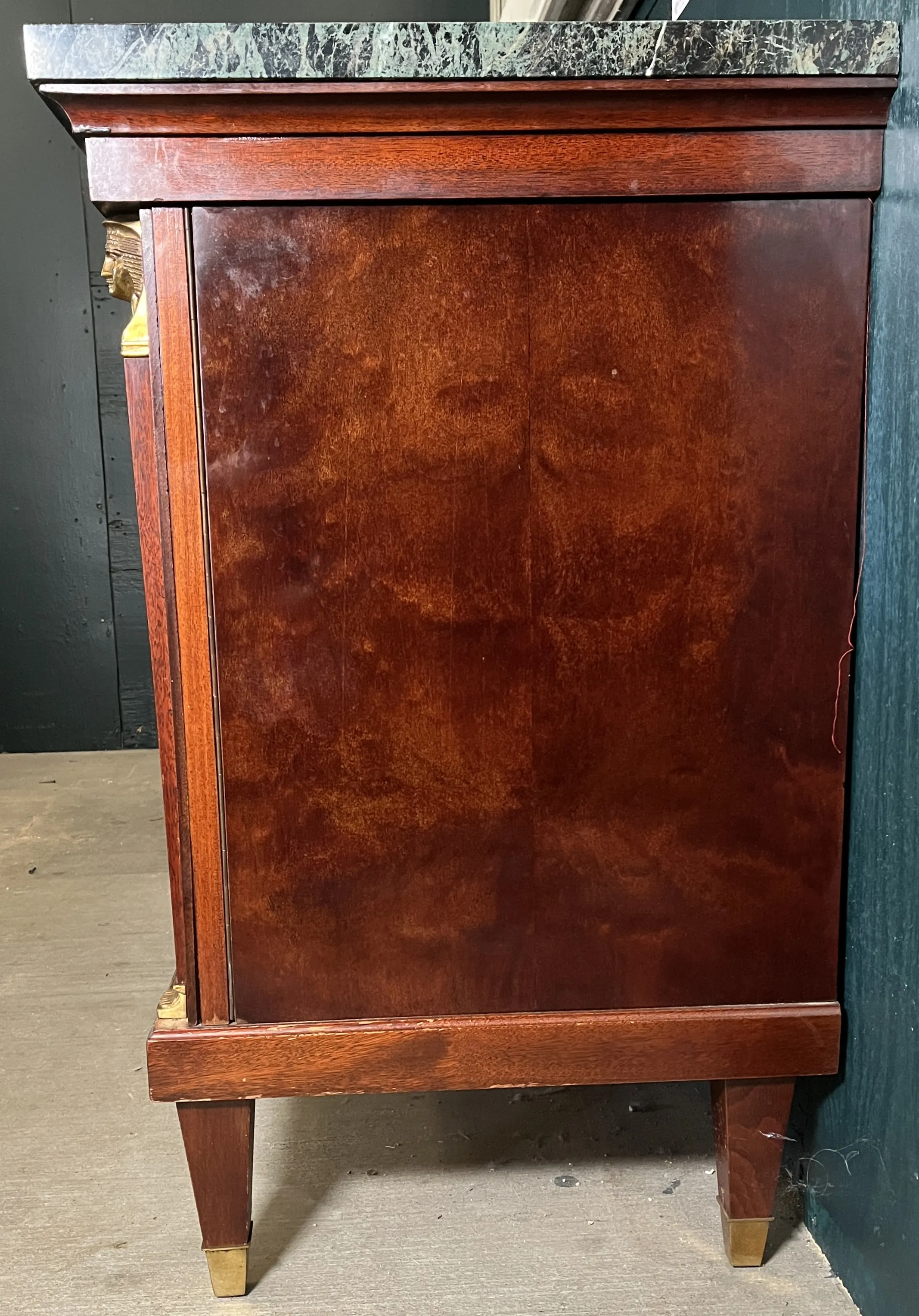 Midcentury French Empire Style Enfilade Cabinet / Buffet With Marble Top & Brass Accents