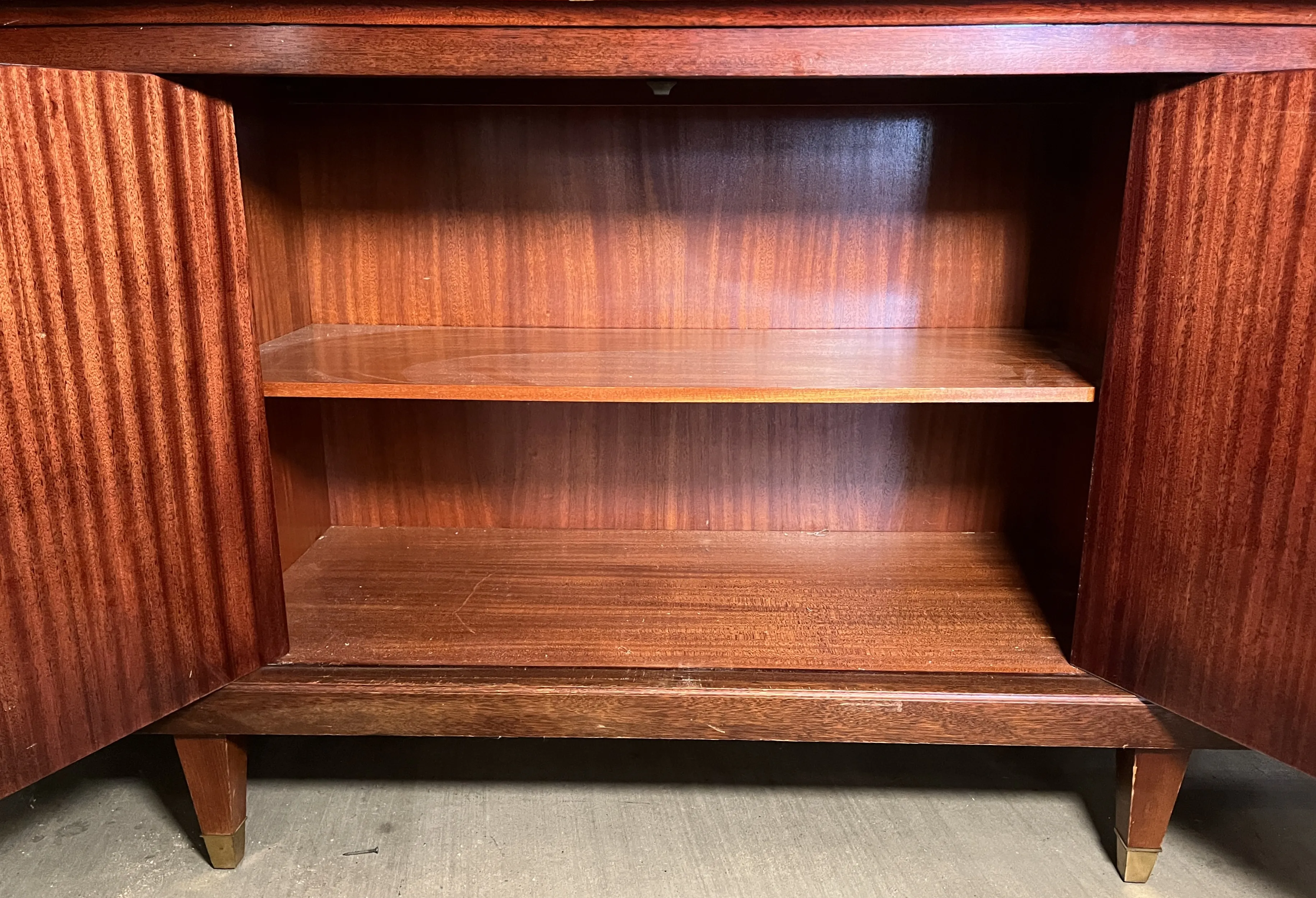 Midcentury French Empire Style Enfilade Cabinet / Buffet With Marble Top & Brass Accents
