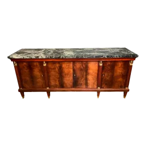 Midcentury French Empire Style Enfilade Cabinet / Buffet With Marble Top & Brass Accents