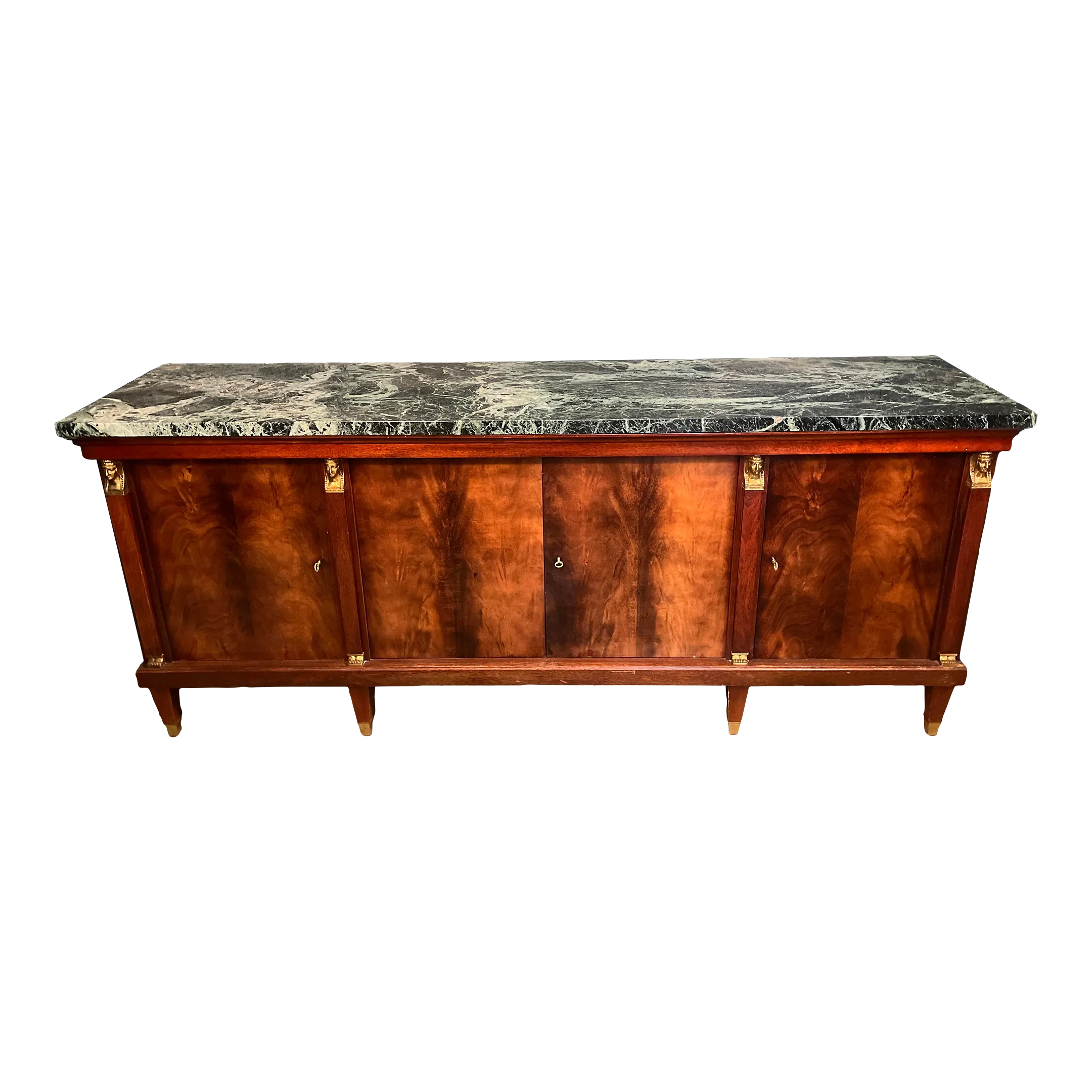 Midcentury French Empire Style Enfilade Cabinet / Buffet With Marble Top & Brass Accents