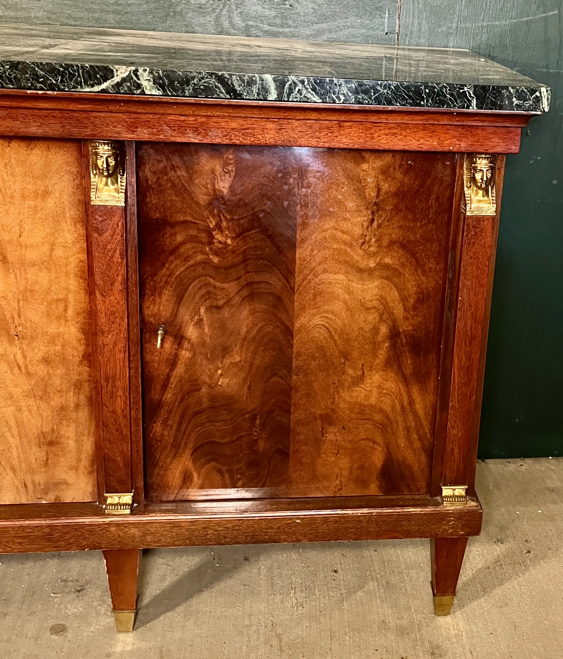 Midcentury French Empire Style Enfilade Cabinet / Buffet With Marble Top & Brass Accents