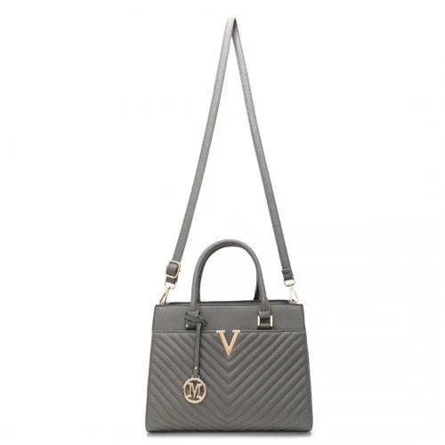 Miss Lulu Chic V-Quilted PU Leather Sophisticated Handbag - Grey