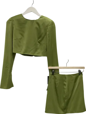 Misspap Green Premium Satin Shoulder Pad Split Skirt Co-ord UK 6